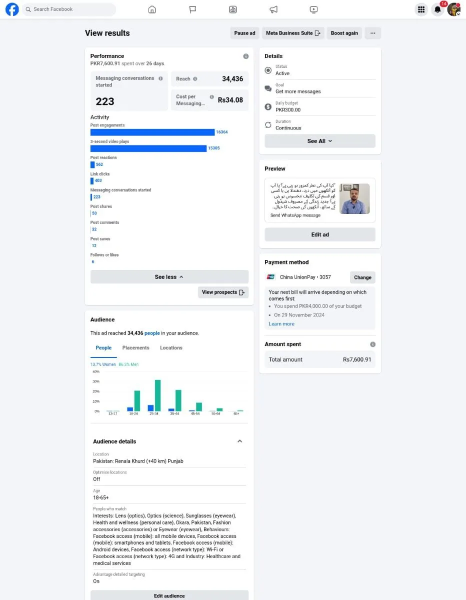Digital Marketing 9 Facebook ad performance dashboard results screenshot