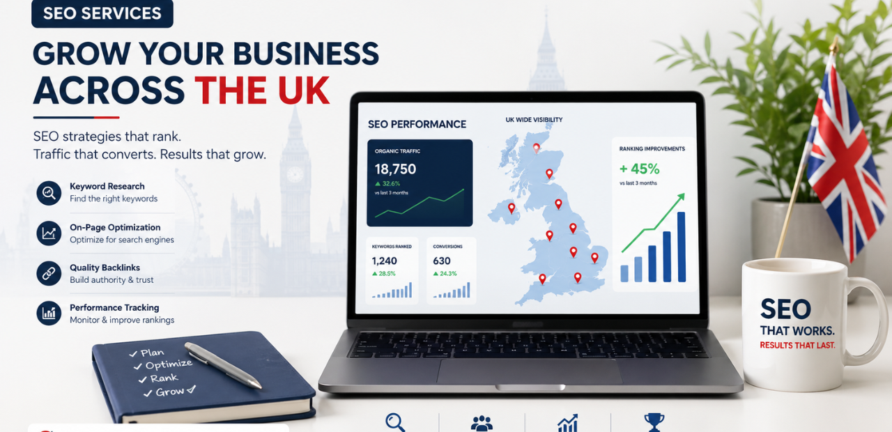 seo services uk with analytics dashboard and uk map