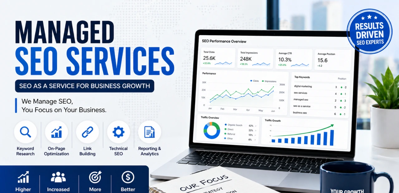 managed seo services with analytics dashboard and growth metrics
