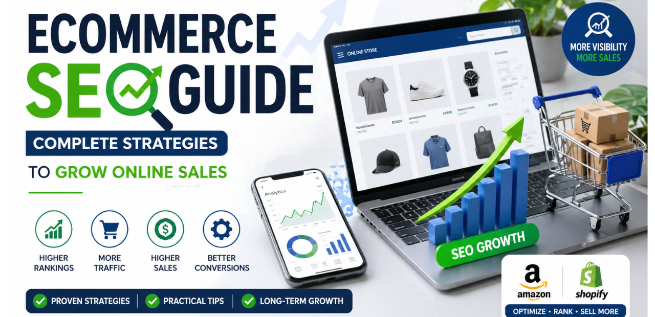 “Ecommerce SEO guide showing strategies to increase traffic and online sales”