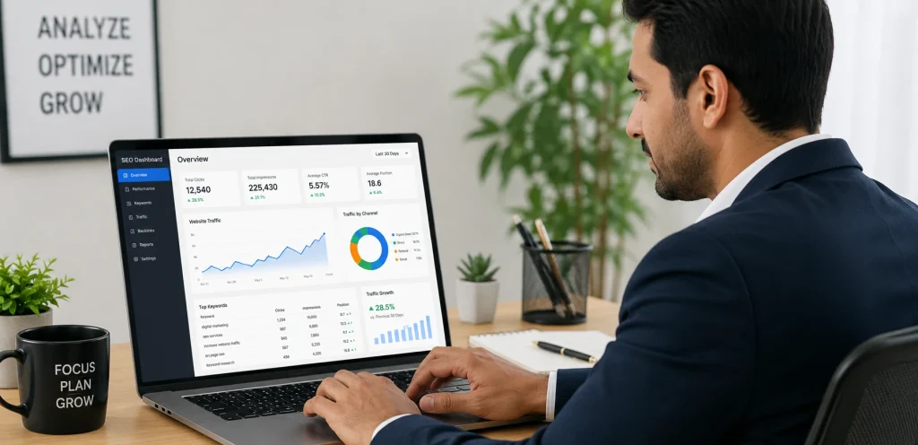 Are SEO Services Worth It? Complete Pricing & ROI Guide for Businesses 4 business owner analyzing seo traffic growth and rankings