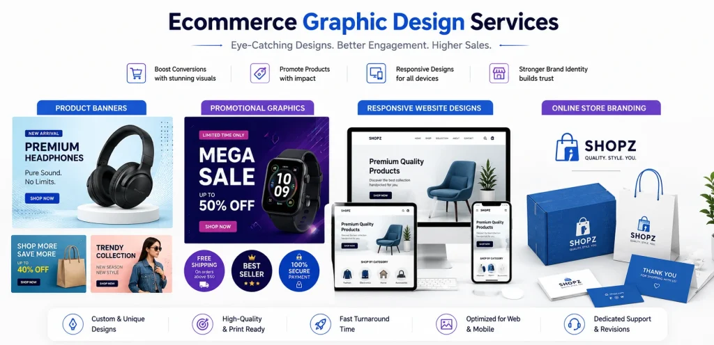 Graphic Design Services for Businesses: Build Strong Branding & Marketing 3 graphic design services for ecommerce with product banners and branding