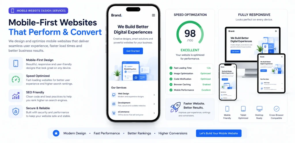 Responsive Website Design Services: Build Fast & Mobile-Friendly Websites 3 mobile website design services with responsive smartphone interface