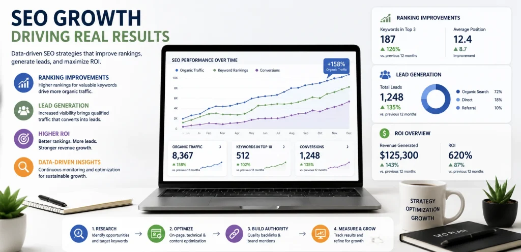 Are SEO Services Worth It? Complete Pricing & ROI Guide for Businesses 2 seo growth analytics with rankings and lead generation