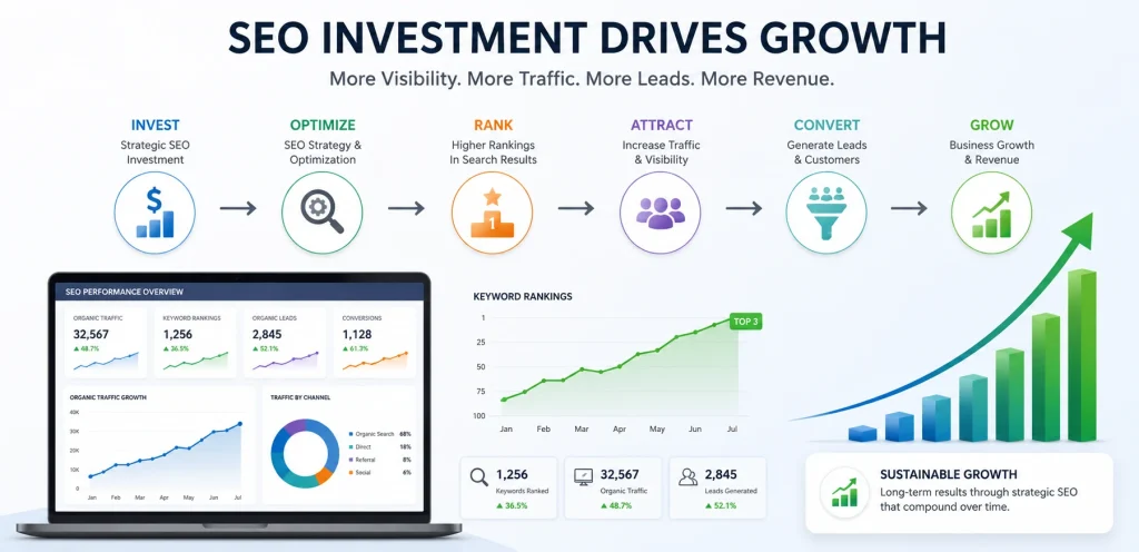 SEO Service Cost & Pricing Guide: How Much Do SEO Services Cost in 2026? 4 seo pricing analytics with growth and roi charts