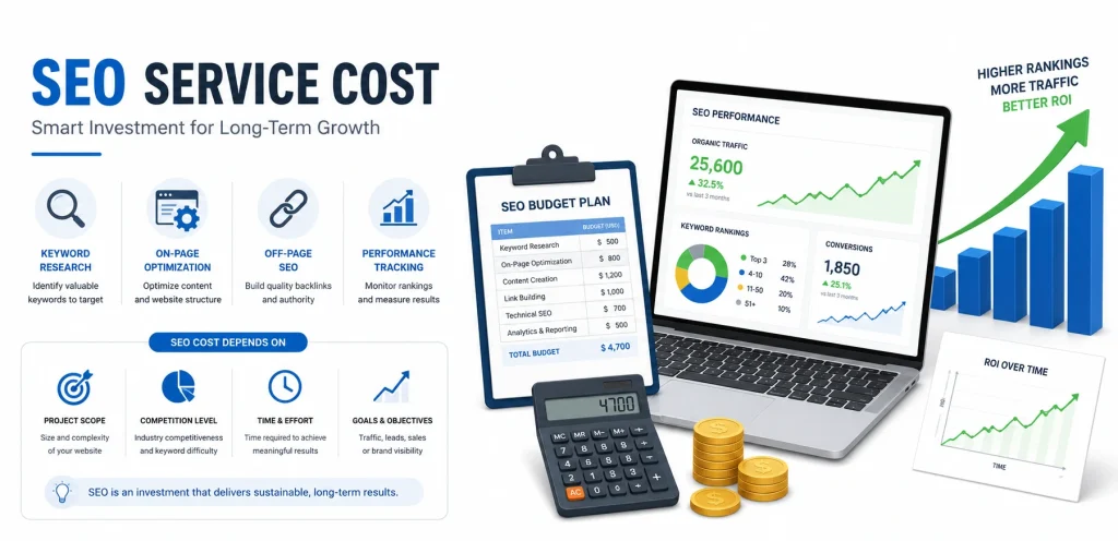 SEO Service Cost & Pricing Guide: How Much Do SEO Services Cost in 2026? 2 seo service cost with budget and analytics charts