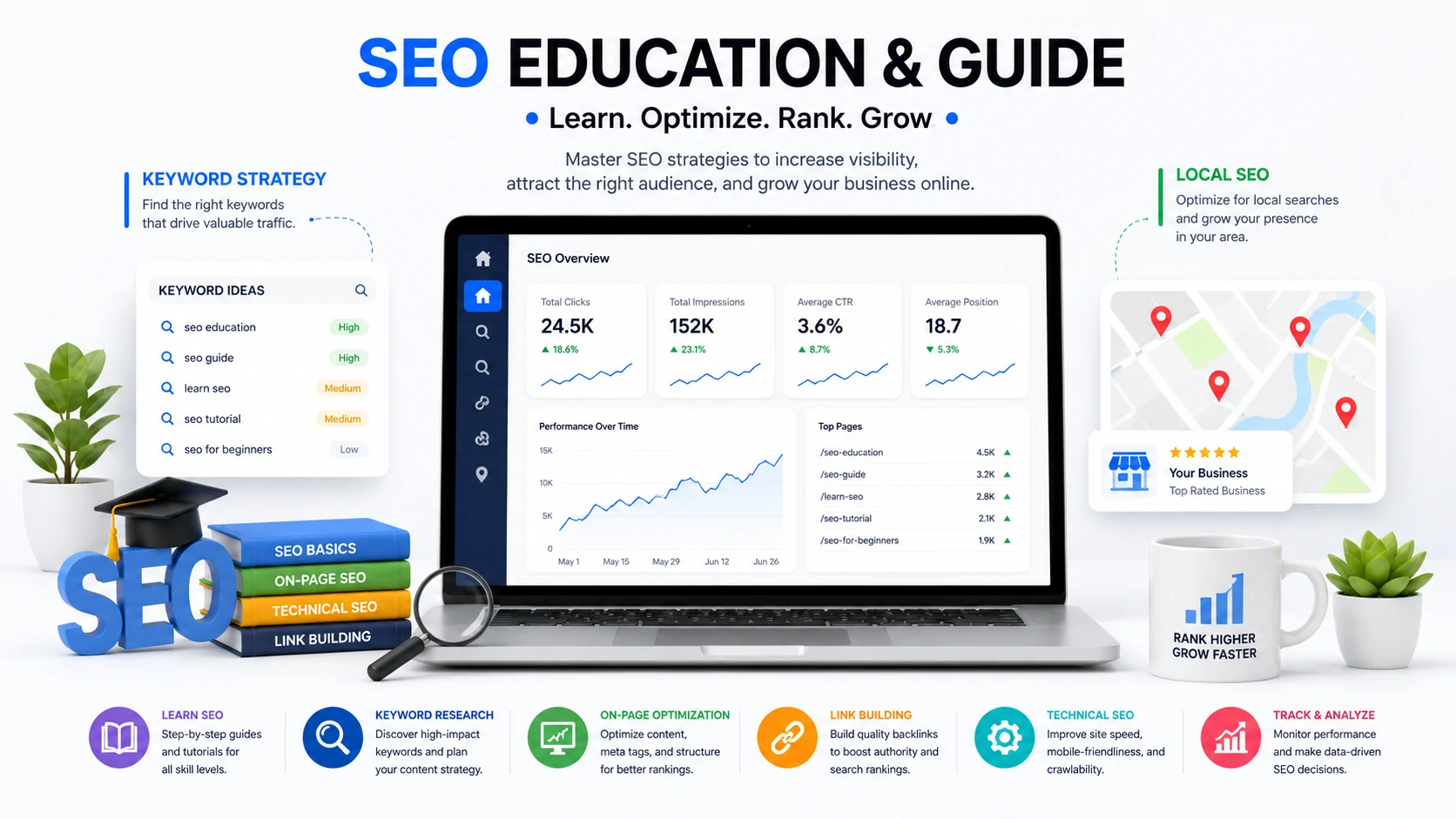 seo services guide with keyword strategy and analytics dashboard