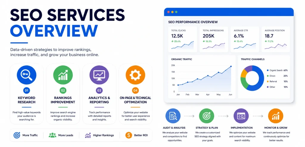 SEO Services Guide: What SEO Services Include & Why They Matter 1 eo services overview with keywords rankings and analytics