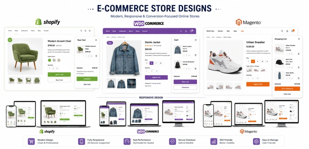 Industry Specific Website Design Services: Custom Websites for Every Business 3 ecommerce website design services with shopify woocommerce and magento