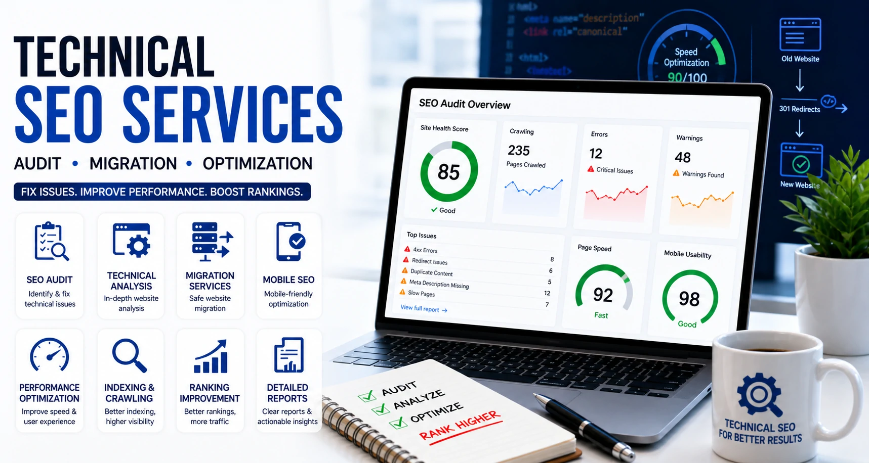 technical seo services with audit dashboard and performance metrics