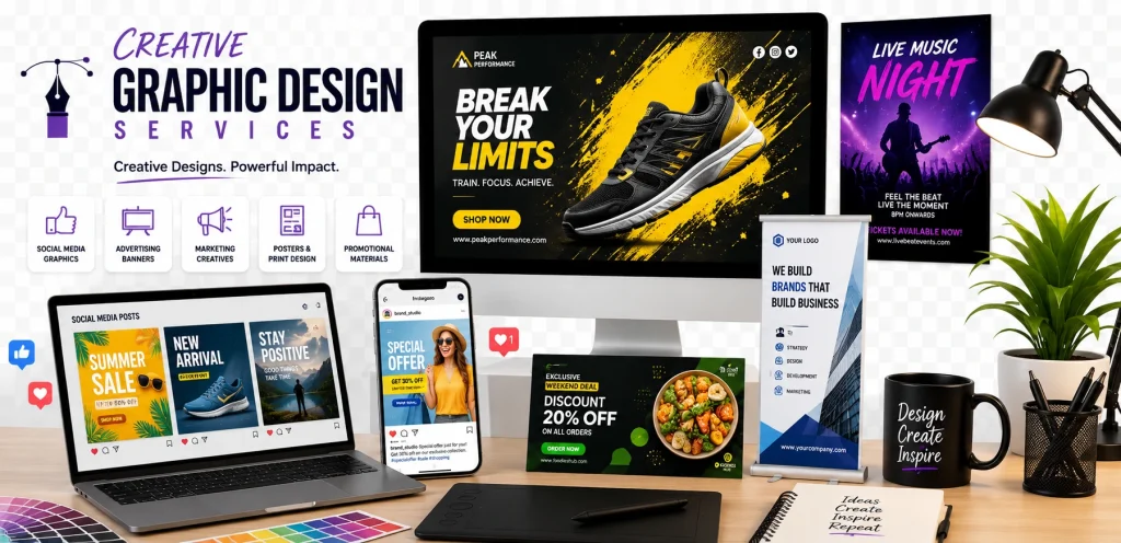 Branding and Creative Graphic Design Services: Build a Memorable Brand Identity 3 creative graphic design services with marketing and advertising visuals