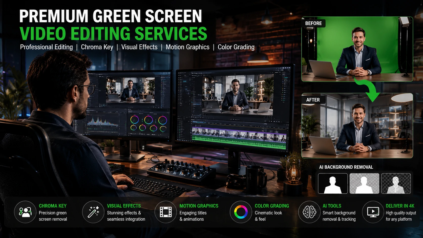 professional green screen video editing with chroma key background replacement
