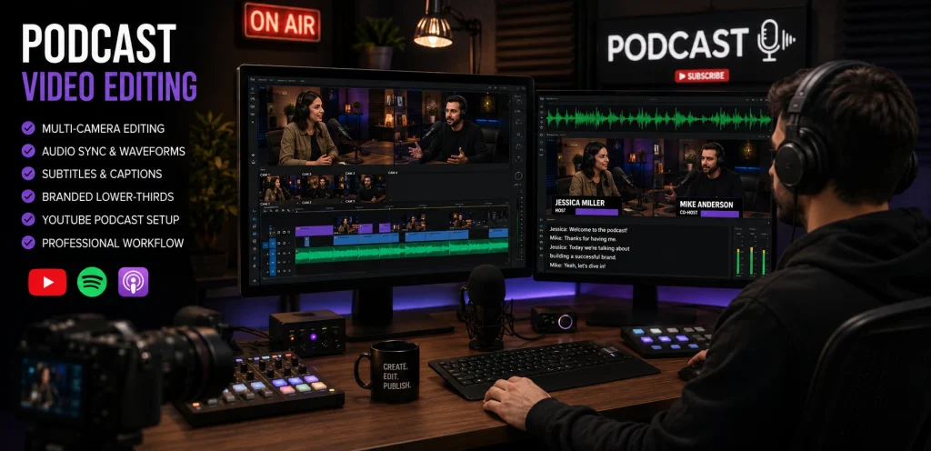 Music Video & Podcast Video Editing Services: Create Professional Videos That Captivate Your Audience 3 video podcast editing and podcast editing services with multi camera workflow