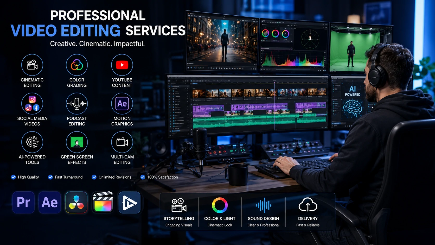 professional video editing services with cinematic editing workstation