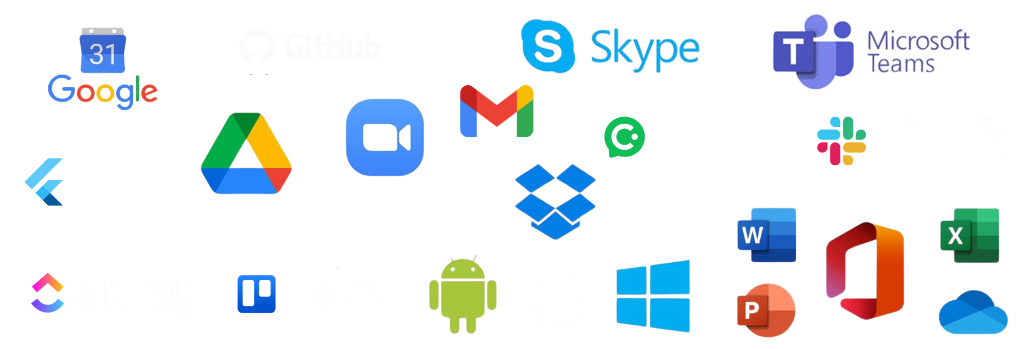 Logos of Google, GitHub, Flutter, Zoom, Skype, Microsoft Teams, Slack, Dropbox, Apple, and Windows tools