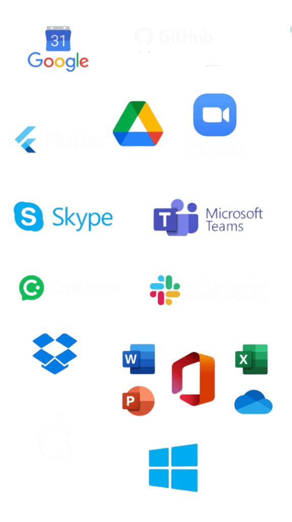 Logos of Google, GitHub, Flutter, Zoom, Skype, Microsoft Teams, Slack, Dropbox, Apple, and Windows tools