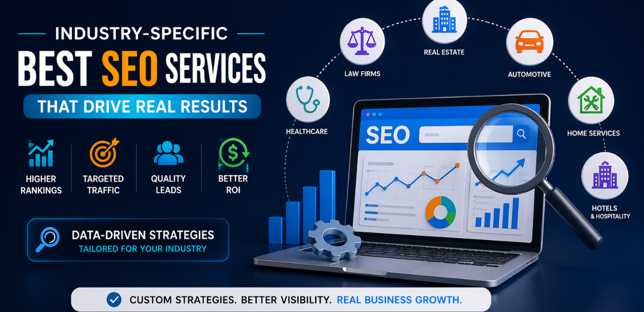 Industry specific SEO services illustration showing digital marketing strategy for different businesses to increase traffic and leads