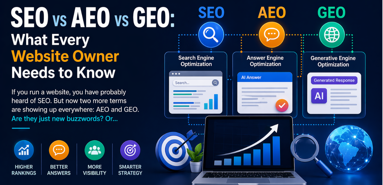 SEO vs AEO vs GEO comparison illustration showing search engine optimization, answer engine optimization and generative engine optimization concepts