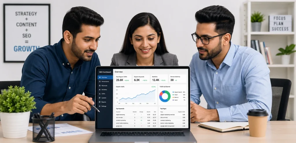 SEO & Digital Marketing Services: Complete Growth Solution 1 managed seo services team analyzing analytics and rankings