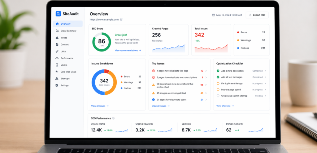 SEO Consulting Services: How Expert Guidance Can Grow Your Business 2 website seo audit dashboard with errors and performance data