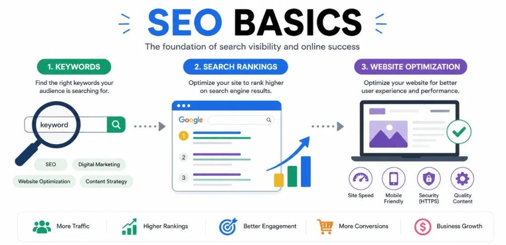 SEO Basics: What Are SEO Services & How They Work 1 seo basics concept with keywords and rankings