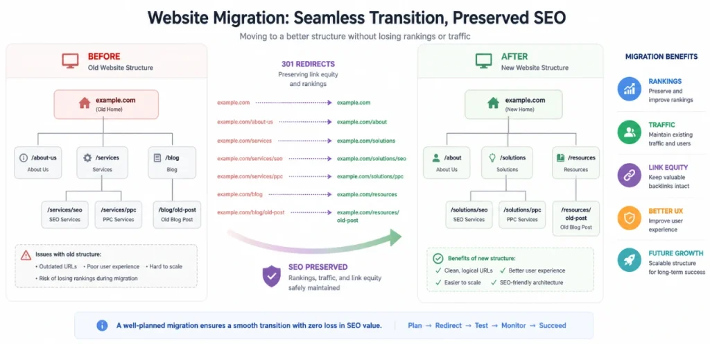 Technical SEO Services: Audit, Migration & Performance Optimization 3 seo migration services with redirects and site structure