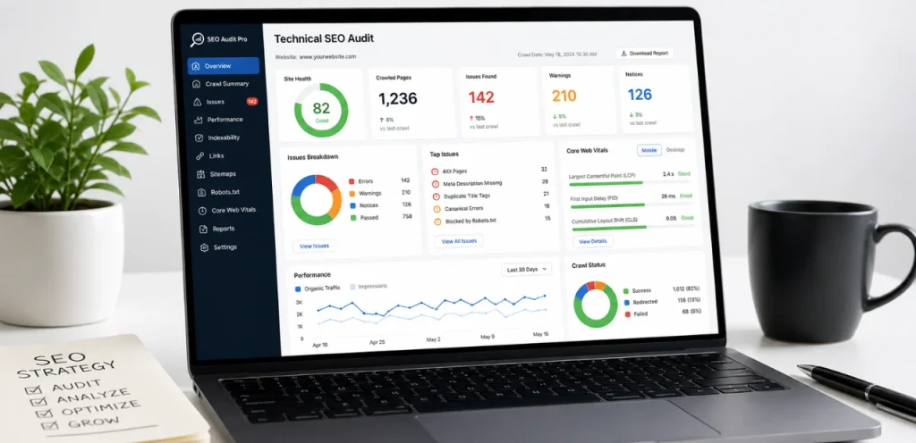 Technical SEO Services: Audit, Migration & Performance Optimization 1 technical seo audit with analytics dashboard and error reports