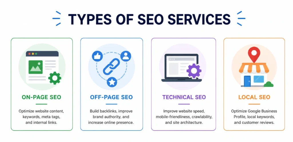 SEO Basics: What Are SEO Services & How They Work 2 types of seo services including on page off page and technical seo