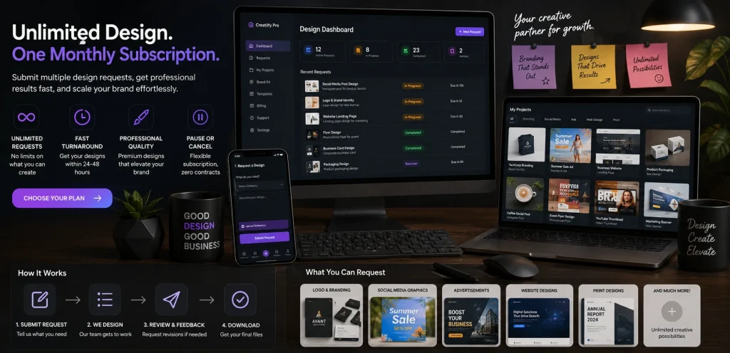Unlimited Graphic Design Services: Flexible Creative Support for Growing Businesses 2 graphic design subscription services for ongoing business design needs