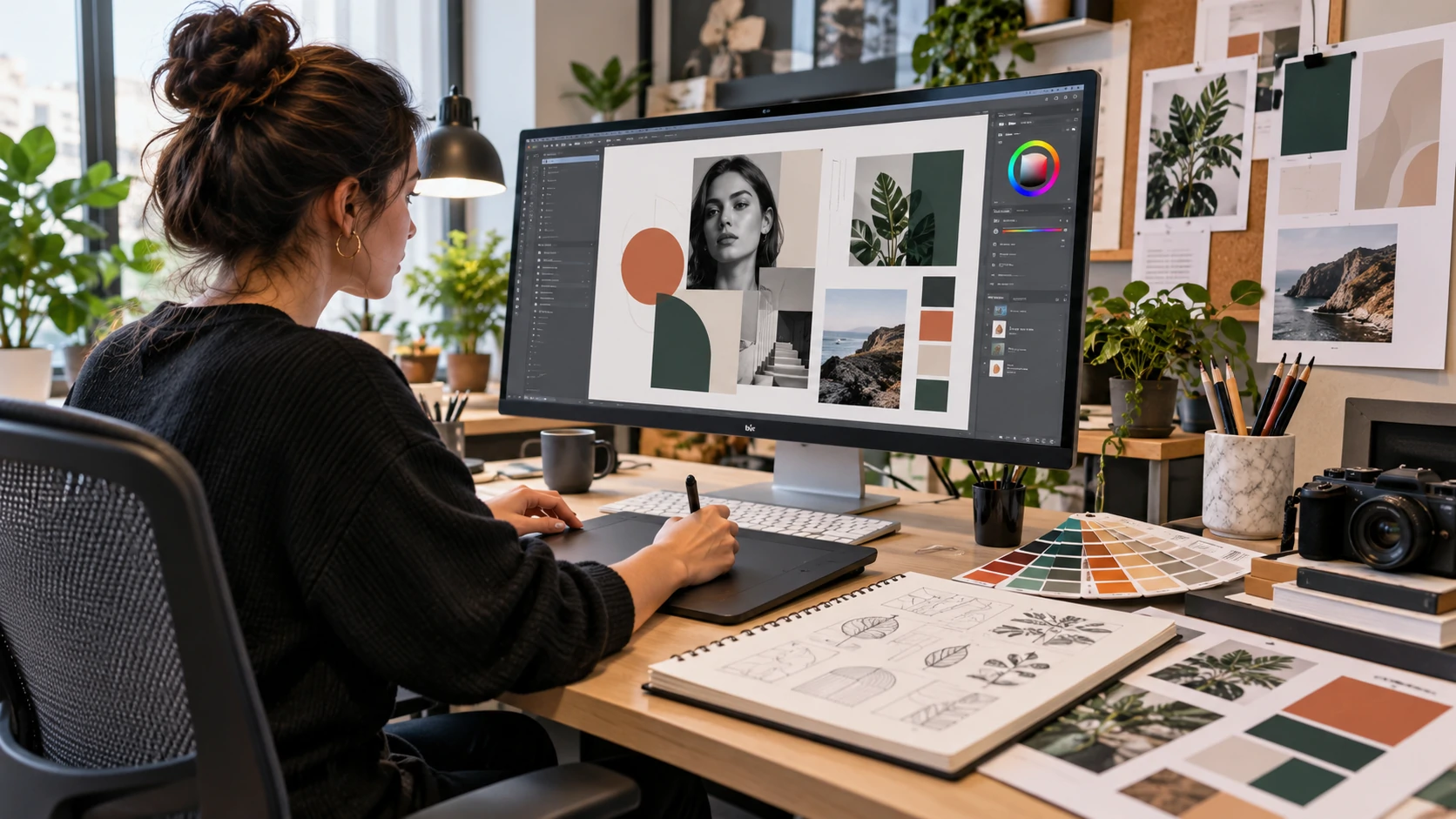 Beginner graphic designer creating a professional visual design project