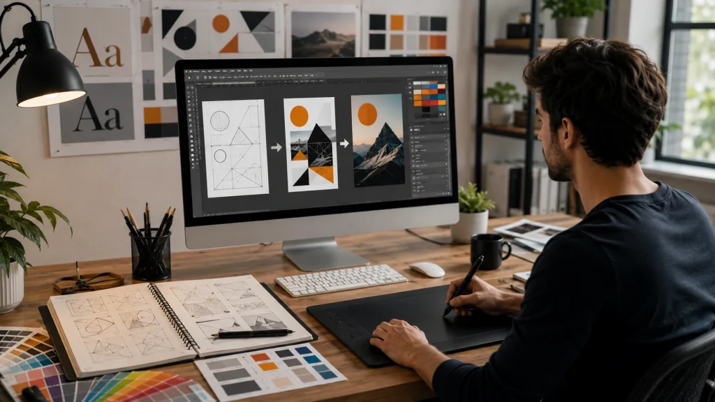 Beginner creating a graphic design from concept to finished visual