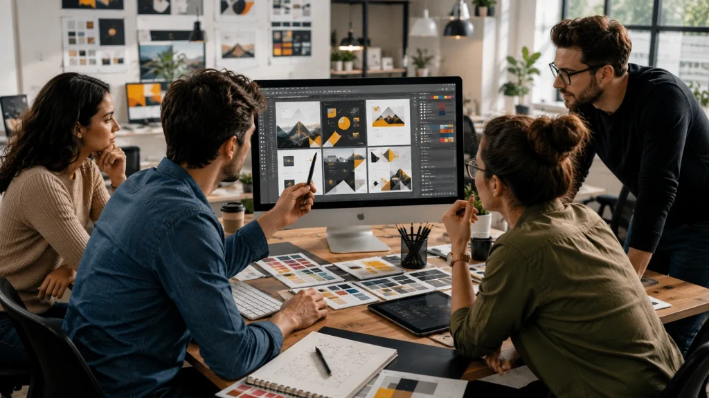 Graphic designer collaborating with a creative team on visual content