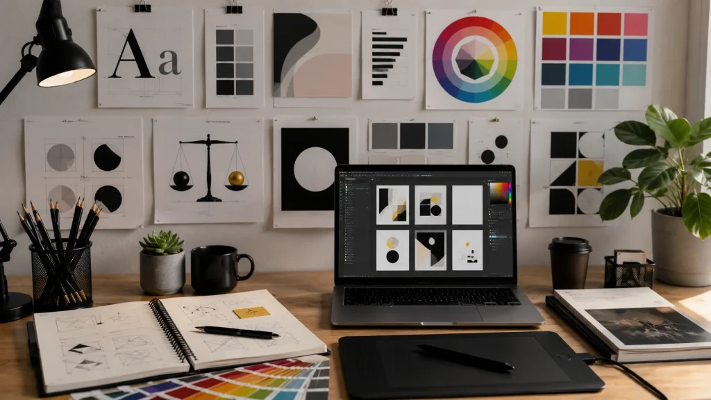 Basic fundamentals of graphic design including typography color theory and