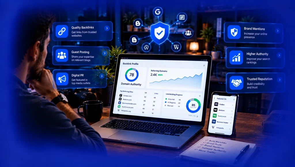 Off-page SEO dashboard showing backlinks, domain authority, and brand mentions