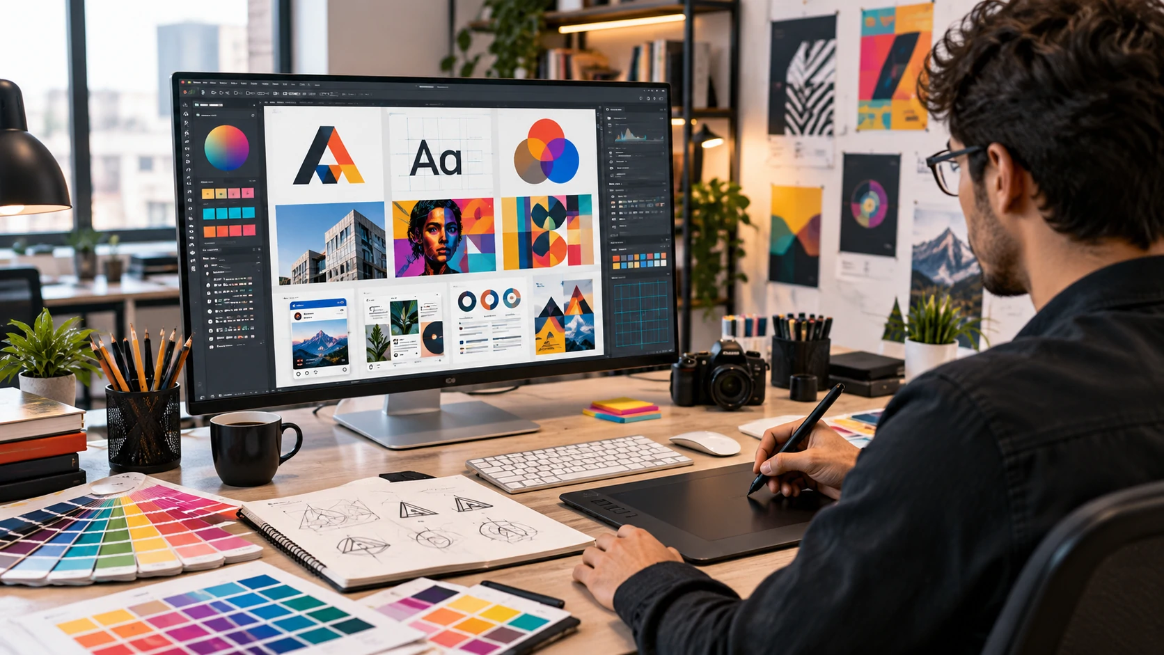 Graphic design workspace featuring typography, color theory, geometric shapes, logos, and digital design layouts