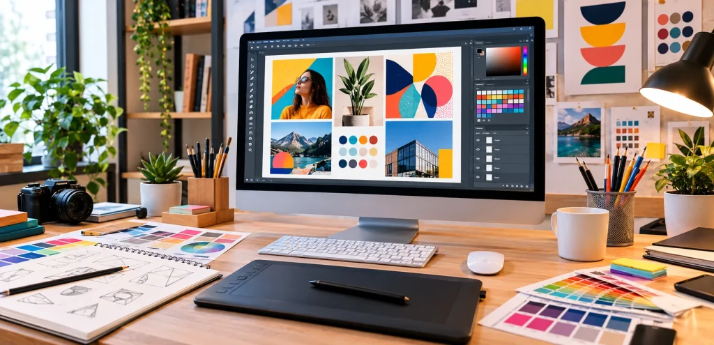 Graphic Design Basics: A Beginner’s Guide to Fundamentals, Tools, and Examples 2 Beginner graphic design tools including a computer, drawing tablet, stylus, sketchbook, and color swatches