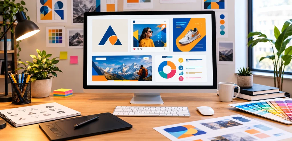Graphic Design Basics: A Beginner’s Guide to Fundamentals, Tools, and Examples 1 Graphic design fundamentals featuring typography, color palettes, geometric shapes, and balanced layouts