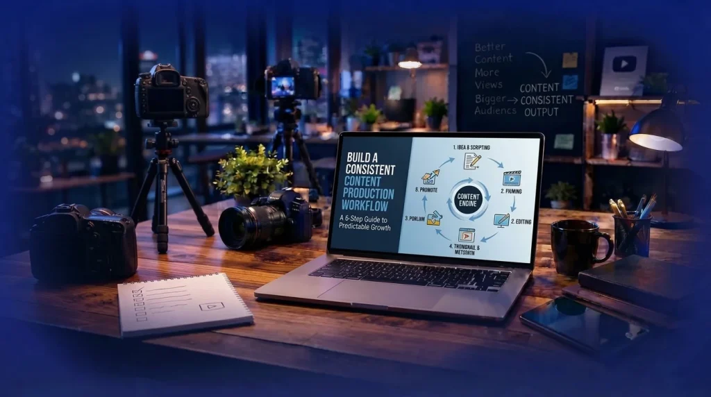 Content production workflow displayed on a laptop with a six-step process for planning, editing, publishing, and promoting YouTube videos.