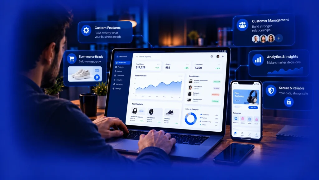 Business website dashboard showing custom features, customer management, sales analytics, and secure e-commerce functionality.