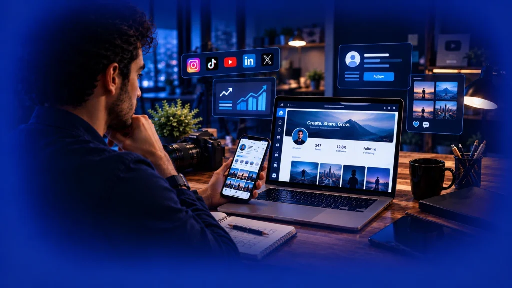 Professional online presence with a website and social media profiles.