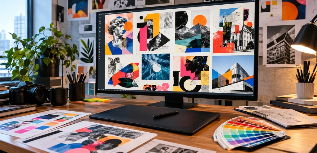 Expressive Graphic Design: Styles, Creative Layouts, and Visual Inspiration 1 Expressive graphic design featuring geometric shapes, diagonal lines, layered imagery, and experimental layouts
