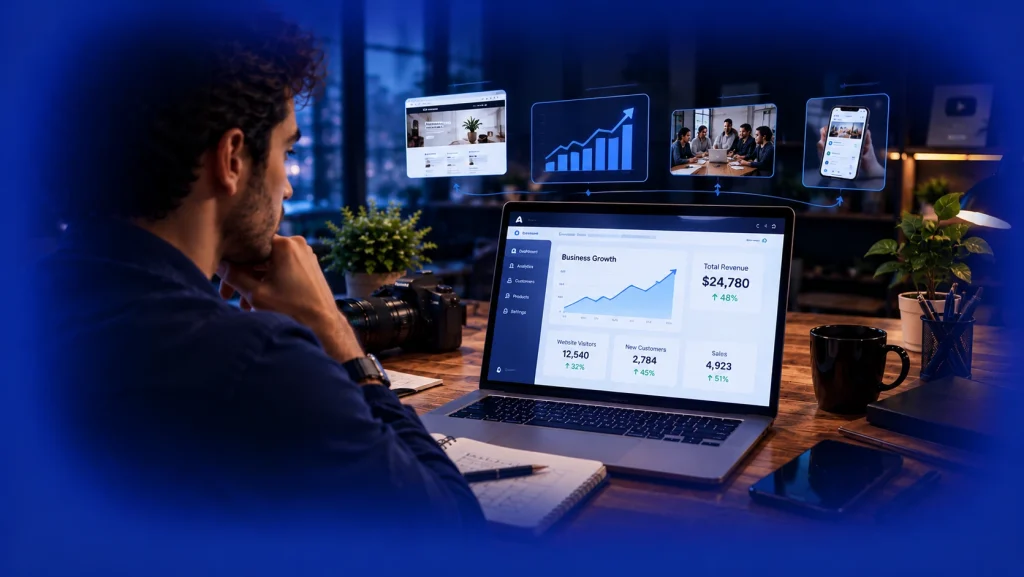 Website development dashboard showing business growth, website traffic, and sales analytics.