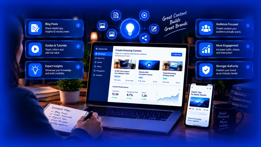 Content marketing strategy dashboard for SEO and audience engagement