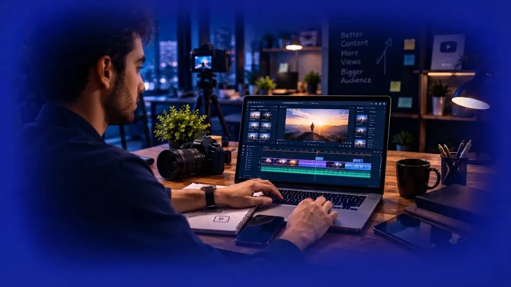 YouTube content creator editing a video on a laptop in a professional studio.