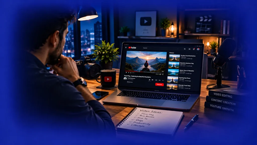 Professional YouTube video creator reviewing channel videos on a laptop in a creative studio.