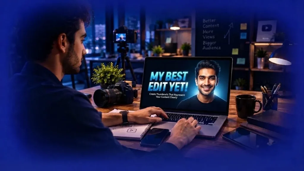 YouTube thumbnail design showing a content creator working on video thumbnails in a professional studio.
