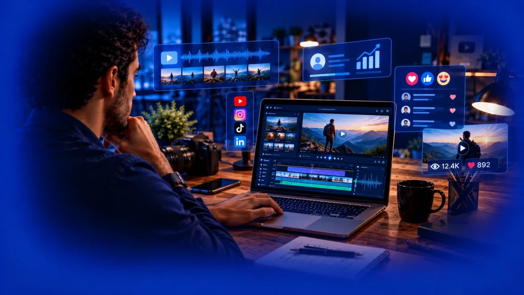Video editor creating engaging social media videos with audience engagement and performance analytics.