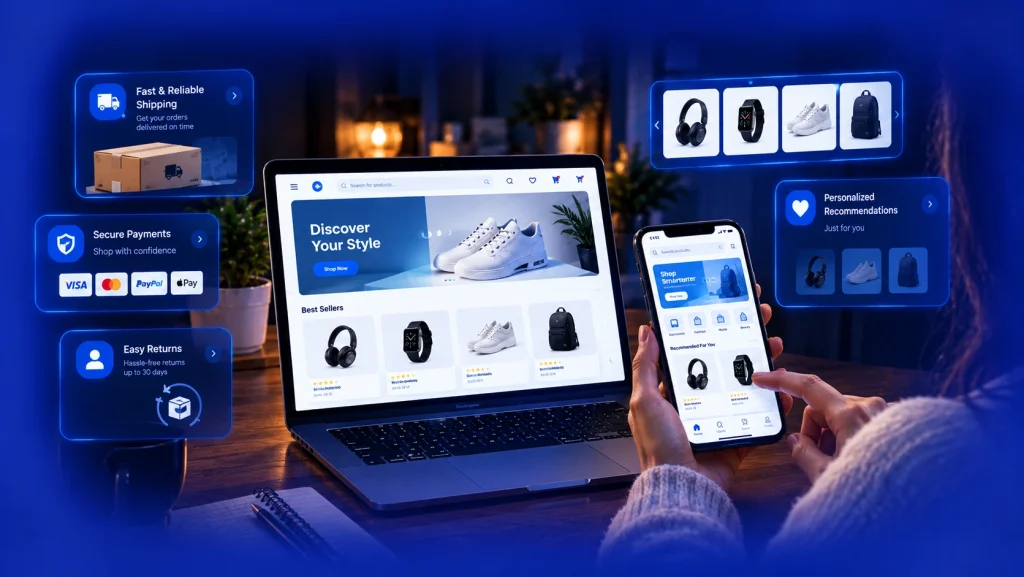 Online store website design with product listings and mobile shopping features
