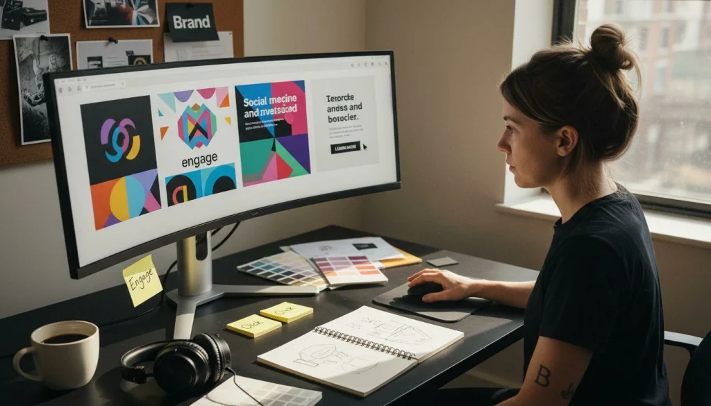 Do You Need to Draw for Graphic Design? A Beginner’s Guide 3 Digital graphic design editor displaying social media layouts, typography, icons, and shapes
