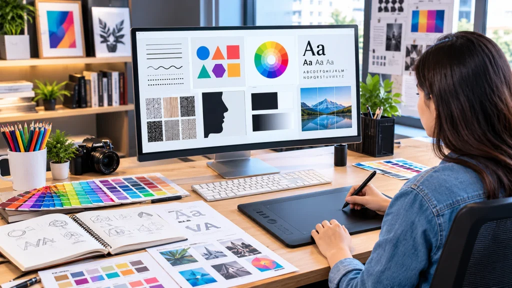 What Is Graphic Design? Definition, Functions, Elements, and Key Characteristics 3 Designer creating digital graphics and website layouts on a computer
